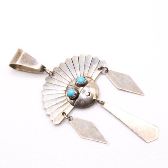 Vintage Sterling Silver Figural Sun Face Navajo Turquoise 3" Long Pendant - Picture 2 of 4